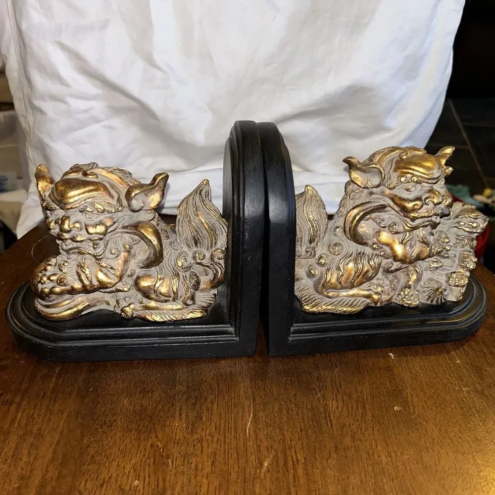 Foo Dog Chinese Bookends Golden Colored Heavy Asian Decorative Bookshelf Ends